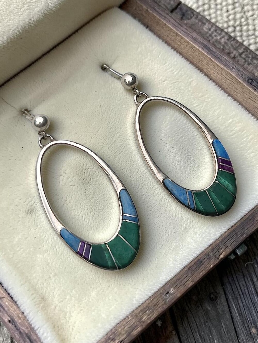 Vintage Sterling Navajo Calvin Begay Turquoise And Malachite Earrings
